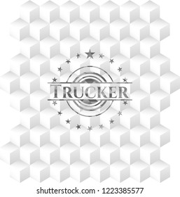 Trucker realistic grey emblem with geometric cube white background