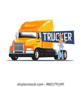 Trucker Standing Next To Heavy Yellow Long-Distance Truck