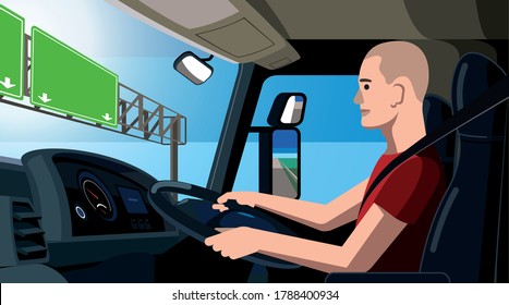 Trucker vector illustration, truck driver sitting in his cab, at the driving wheel, young worker drives the truck along the highway, view from inside the truck cabin