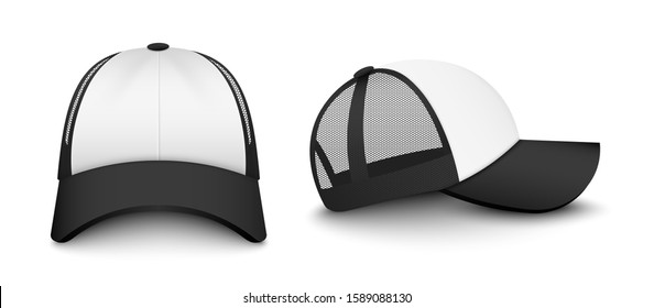 Trucker white cap with black visor realistic mockup front and side view, 3d vector illustration isolated on white background. Fashion hat template or layout.