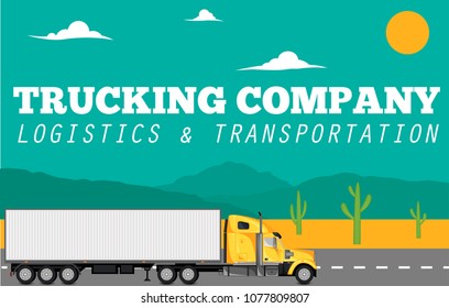Trucking company banner with container truck on the highway. Commercial auto shipping, freight delivery concept. Logistic and transportation industry, goods country distribution vector illustration.