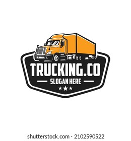 Trucking company emblem logo ready made logo template. Semi truck 18 wheeler freight badge logo vector isolated. Perfect logo for trucking and freight industry