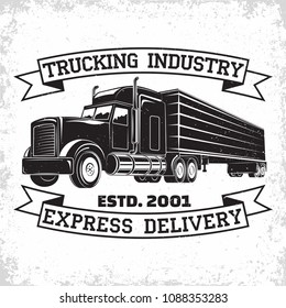 Trucking company logo design, emblem of truck rental organisation, delivery firm print stamps, Heavy truck typographyv emblem, Vector