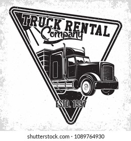 Trucking company logo design, emblem of truck rental organisation, delivery firm print stamps, Heavy truck typographyv emblem, Vector