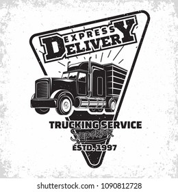 Trucking company logo design, emblem of truck rental organisation, delivery firm print stamps, Heavy truck typographyv emblem, Vector