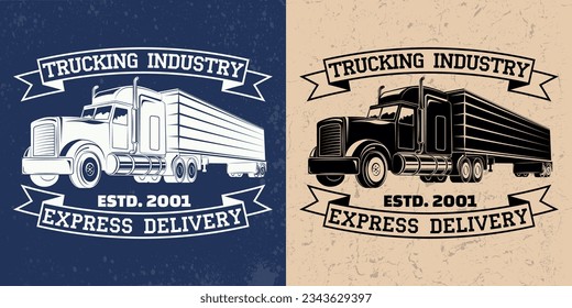 Trucking company logo design, emblem of truck rental organisation, delivery firm print stamps, Heavy truck typographyv emblem, Vector