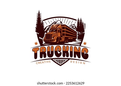 Trucking company logo, semi trailer truck vector illustration with nature background vintage style