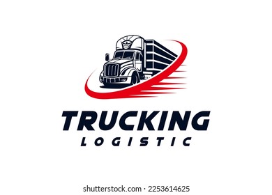 Trucking company logo template design, fast delivery semi trailer truck vector illustration