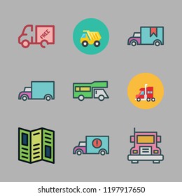 trucking icon set. vector set about trailer, road map, truck and cargo truck icons set.