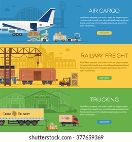 Trucking Industry Horizontal Banners with Railway, Air Cargo Flat icons such as Freight Truck, Plane, Train. Logistics and Delivery vector illustration