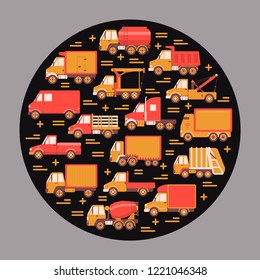 Trucking industry round concept with different types of trucks in flat style.