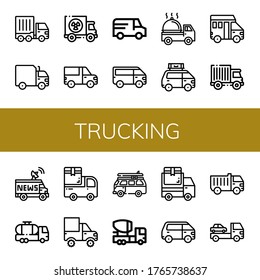 trucking simple icons set. Contains such icons as Cargo truck, Truck, Van, Delivery truck, Tank Mixer can be used for web, mobile and logo