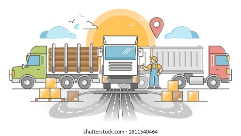 Trucking transport industry as cargo delivery by road outline concept. Lorry, log carrier and dump truck logistic and distribution driver occupation vector illustration. Vehicle trailer with container