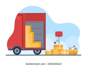 Trucking Transportation Cartoon Illustration with Cargo Delivery Services or Cardboard Box Sent to the Consumer in Flat Style Design