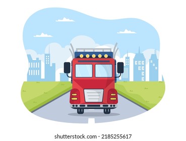 Trucking Transportation Cartoon Illustration with Cargo Delivery Services or Cardboard Box Sent to the Consumer in Flat Style Design