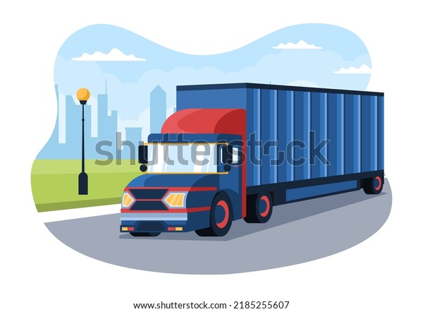 Trucking Transportation Cartoon Illustration with\
Cargo Delivery Services or Cardboard Box Sent to the Consumer in\
Flat Style Design