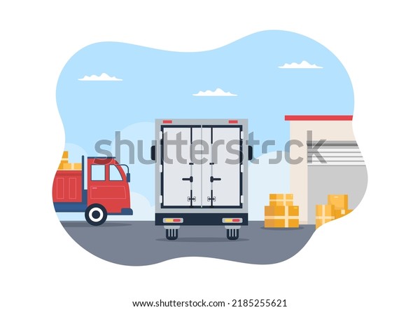 Trucking Transportation Cartoon Illustration with\
Cargo Delivery Services or Cardboard Box Sent to the Consumer in\
Flat Style Design