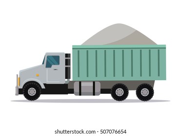 Trucking vector banner. Truck with concrete at building area. Cargo concept in flat style. For cargo companies, advertising. Transportation of goods and materials by heavy construction tipper