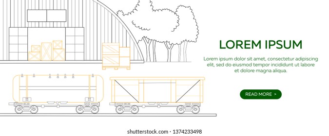 Trucking warehouse transport logistics vector illustration storehouse and loader truck pallet with parcels and boxes for delivery shipping. Isometric black thin line art on white background