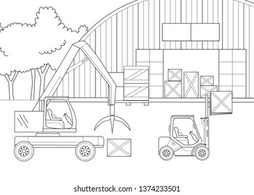 Trucking warehouse transport logistics vector illustration storehouse and loader truck pallet with parcels and boxes for delivery shipping. Isometric black thin line art on white background