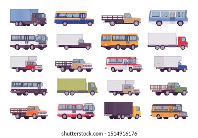 Trucks big bundle set. Large, heavy road vehicles for carrying goods, materials, troops, school passenger bus and industrial lorry. Vector flat style cartoon illustration isolated on white background