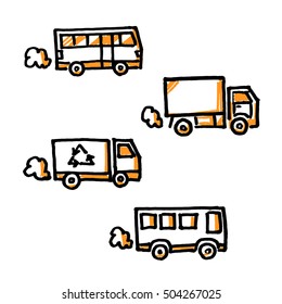 Trucks and buses. Hand drawn vector illustration isolated on white.
