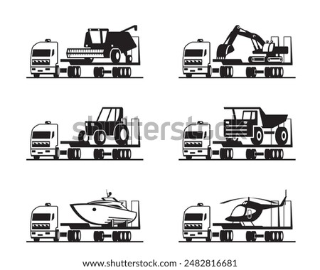 Trucks carrying heavy machinery – vector illustration