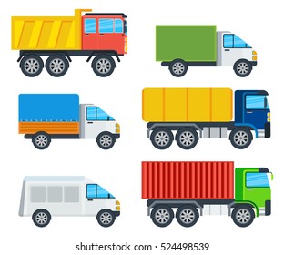 Trucks cartoon models. Lorry, freezer, tipper, road tanker, mining truck, container carrier and wagon vector illustrations isolated on white. Vehicles for freight transportation. For transport company ad