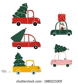 Trucks with Christmas trees. Cartoon style, islolated on white background