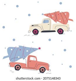 Camiones con árboles de Navidad para las vacaciones. Ilustración vectorial linda para decoración, postal, impresión