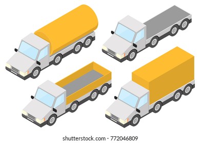 Trucks. Collection of yellow isometric vehicles. Vector illustration isolated on white background