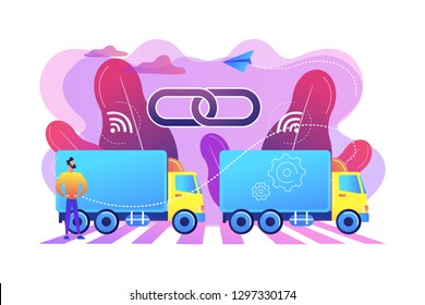 Trucks connected into platoon with connectivity technologies. Truck platooning, autonomous driving trucks, modern logistics technology concept. Bright vibrant violet vector isolated illustration