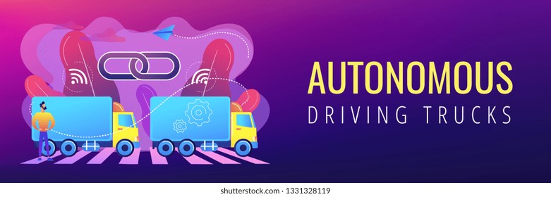 Trucks connected into platoon with connectivity technologies. Truck platooning, autonomous driving trucks, modern logistics technology concept. Header or footer banner template with copy space.