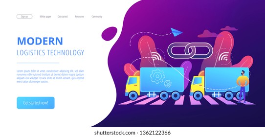 Trucks connected into platoon with connectivity technologies. Truck platooning, autonomous driving trucks, modern logistics technology concept. Website vibrant violet landing web page template.