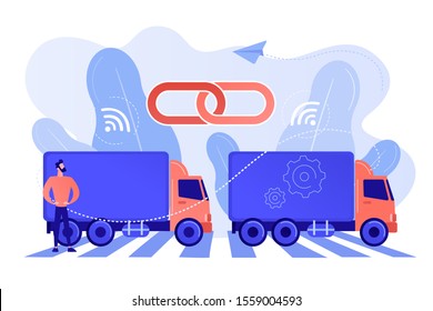 Trucks connected into platoon with connectivity technologies. Truck platooning, autonomous driving trucks, modern logistics technology concept. Pinkish coral bluevector isolated illustration