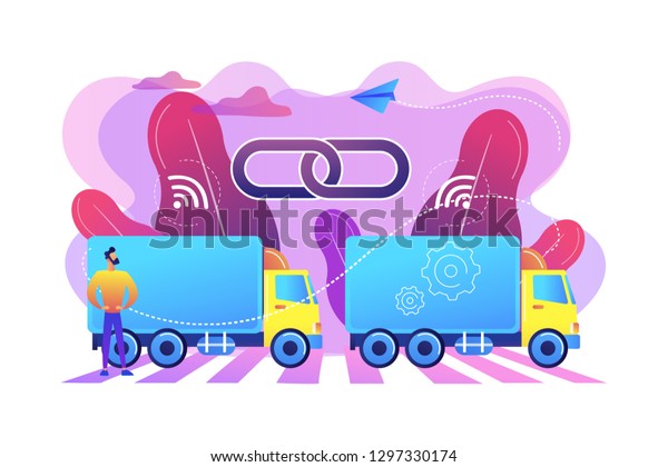 Trucks connected into platoon with\
connectivity technologies. Truck platooning, autonomous driving\
trucks, modern logistics technology concept. Bright vibrant violet\
vector isolated\
illustration