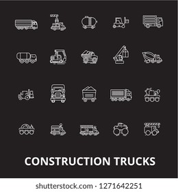 Trucks construction editable line icons vector set on black background. Trucks construction white outline illustrations, signs, symbols