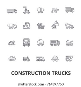 Trucks Construction, Equipment, Crane, Cement, Vehicles, Delivery, Van, Lorry Line Icons. Editable Strokes. Flat Design Vector Illustration Symbol Concept. Linear Signs Isolated