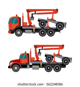 Trucks with crane hydraulic arm dolly trailer on the white background. Vector isolated illustration