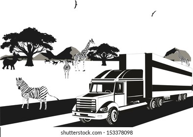 Trucks crossing the wild landscape