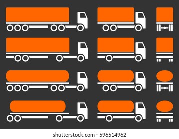 Trucks with dangerous cargo. Icons set.