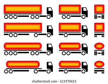 Trucks with dangerous cargo. Icons set.