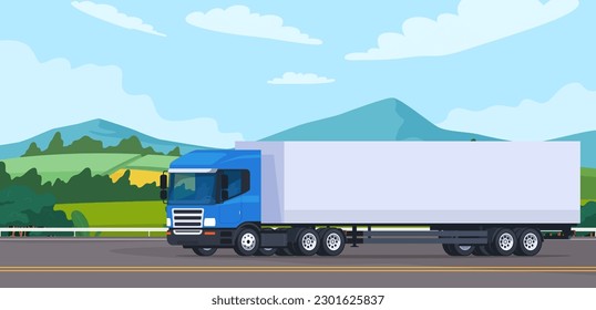 Trucks deliver goods to their destination. Logistics of products on the way. The truck is driving on the highway. Vector illustration