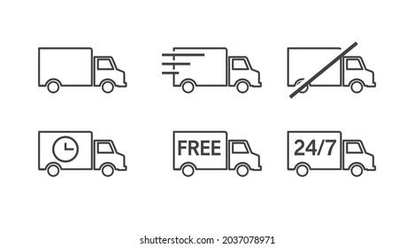 Camiones y conjunto de iconos de entrega. Conjunto de ilustraciones planas editables aisladas por vectores