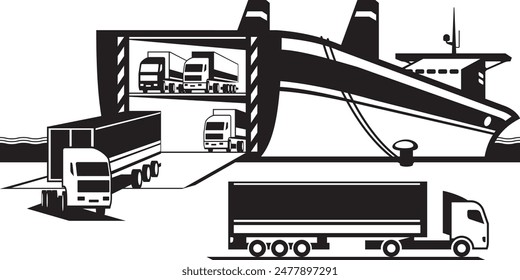 Trucks exit ferry boat at port cargo terminal – vector illustration