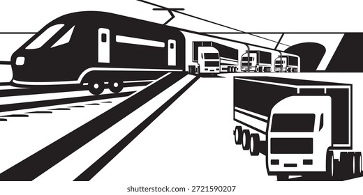 LKW verlassen Güterzug auf Bahnsteig - Vektorgrafik