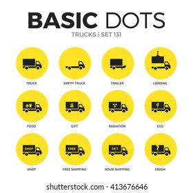Trucks flat icons set with trailer, loading and free shipping isolated vector illustration on white