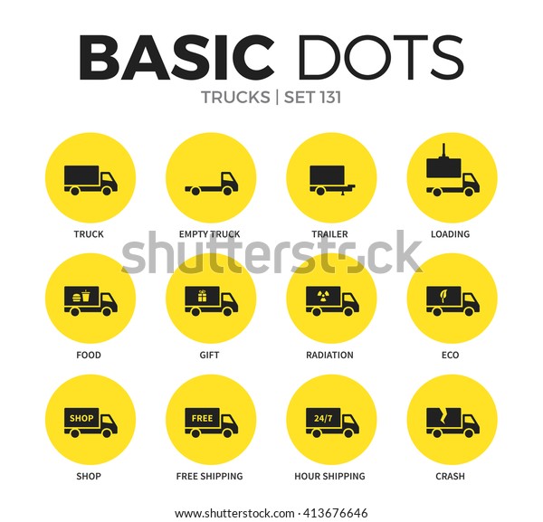 Trucks flat icons set with\
trailer, loading and free shipping isolated vector illustration on\
white