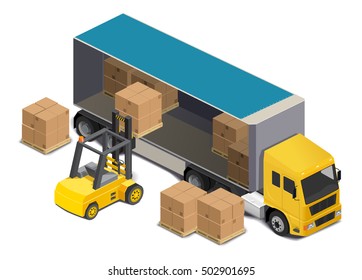 Trucks, forklift loadingpallets with cardboard boxes. isometric illustration .Low poly style.