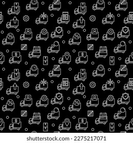 Trucks and Freight dark thin line seamless pattern. Vector background 